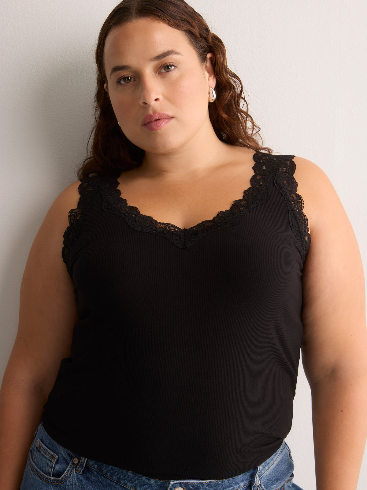 Responsible, Straight V-Neck Ribbed Cami with Lace Trim