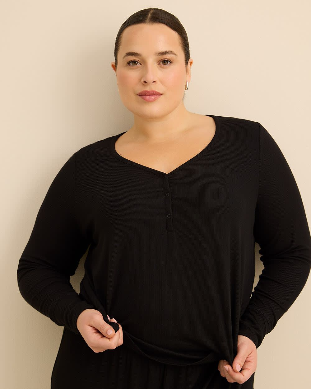 Haut de pyjama noir côtelé à encolure Henley - ti Voglio