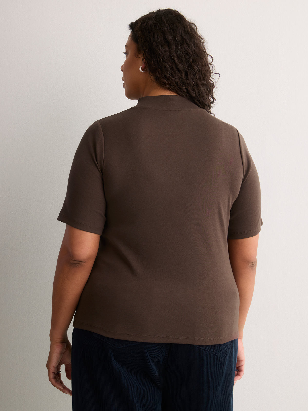 Fitted Mock-Neck Elbow-Sleeve Rib Knit Top