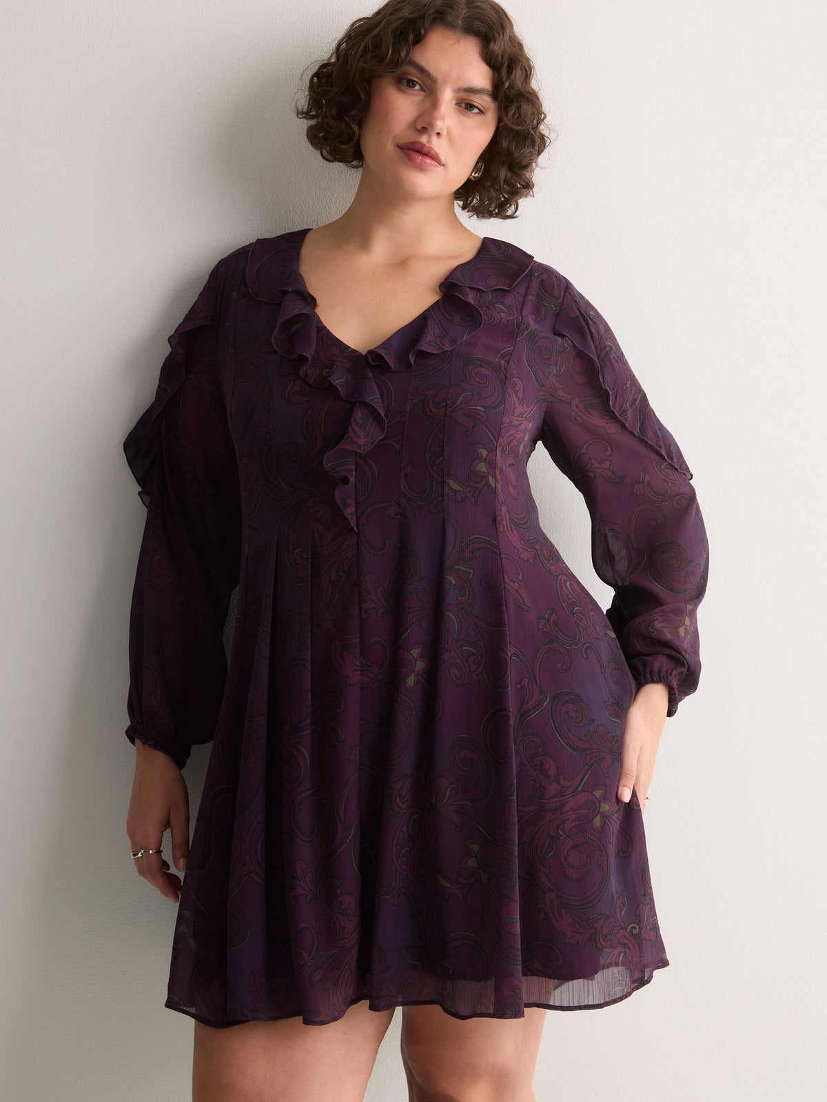 Purple Printed Chiffon Ruffled Swing Dress