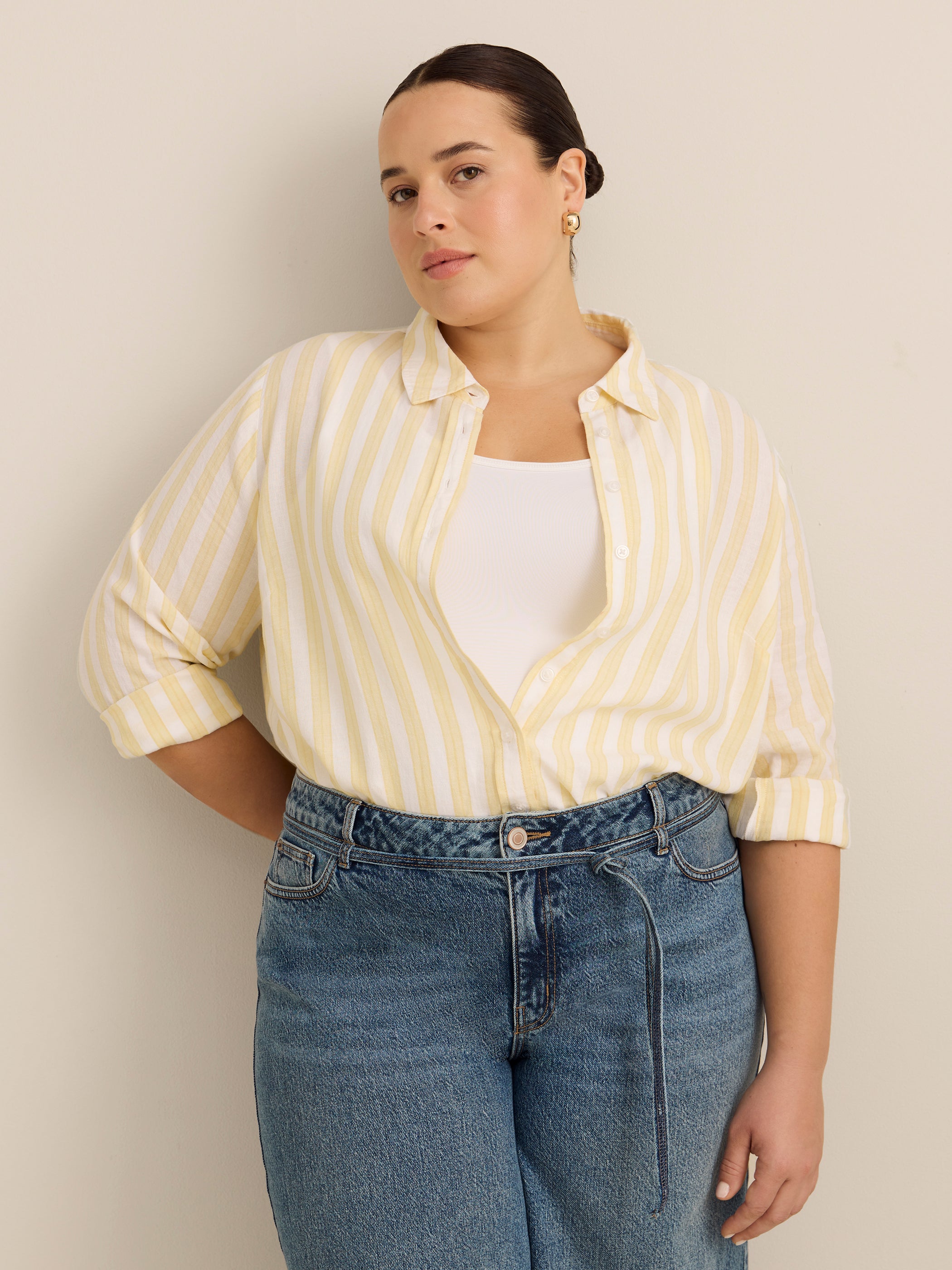 Striped Linen Blend Buttoned Down Tunic Shirt