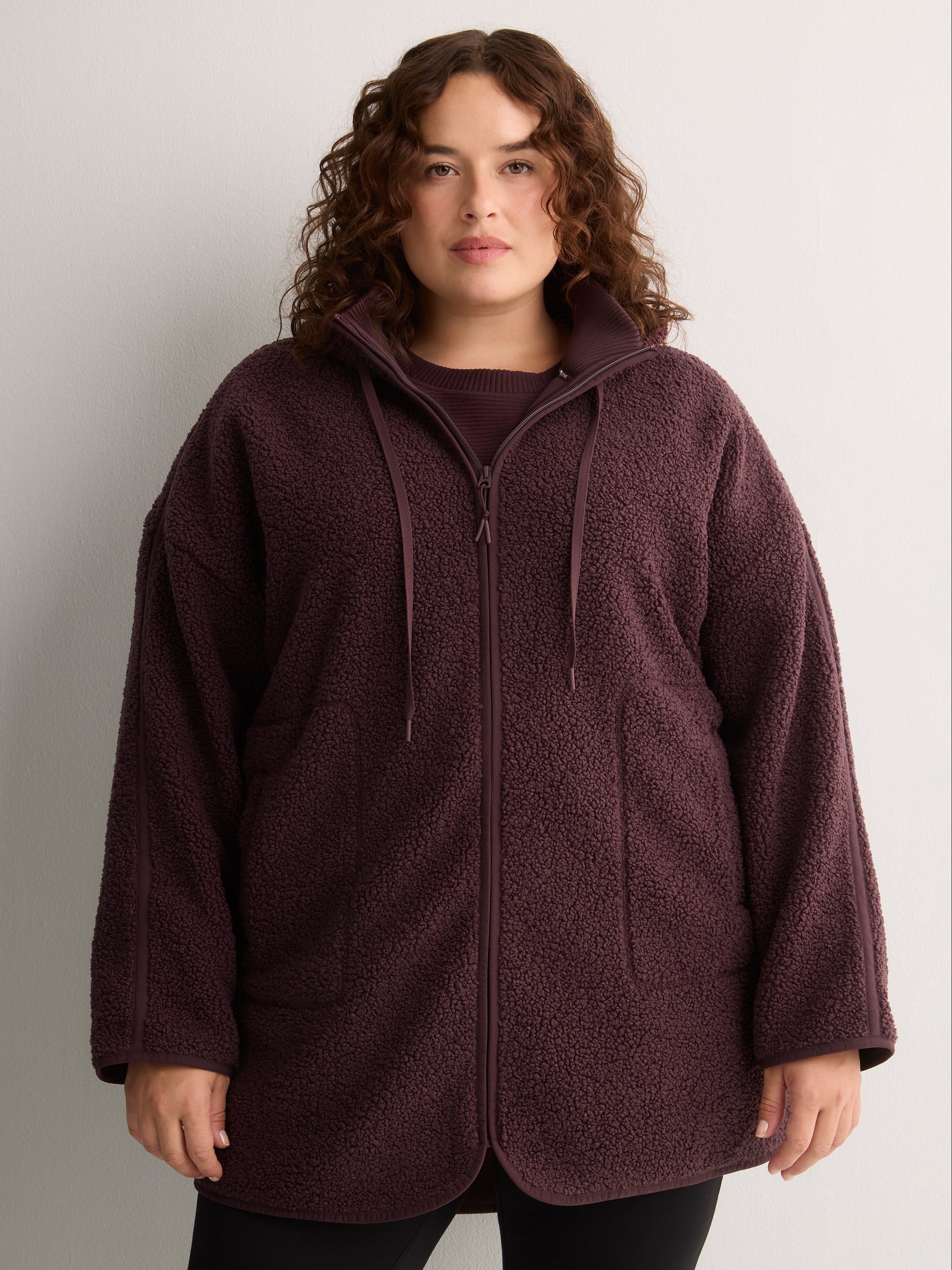 Long Hooded Mock-Neck Sherpa Jacket - Active Zone