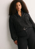 Black A-Line Denim Blouse with Split Ruffled Collar