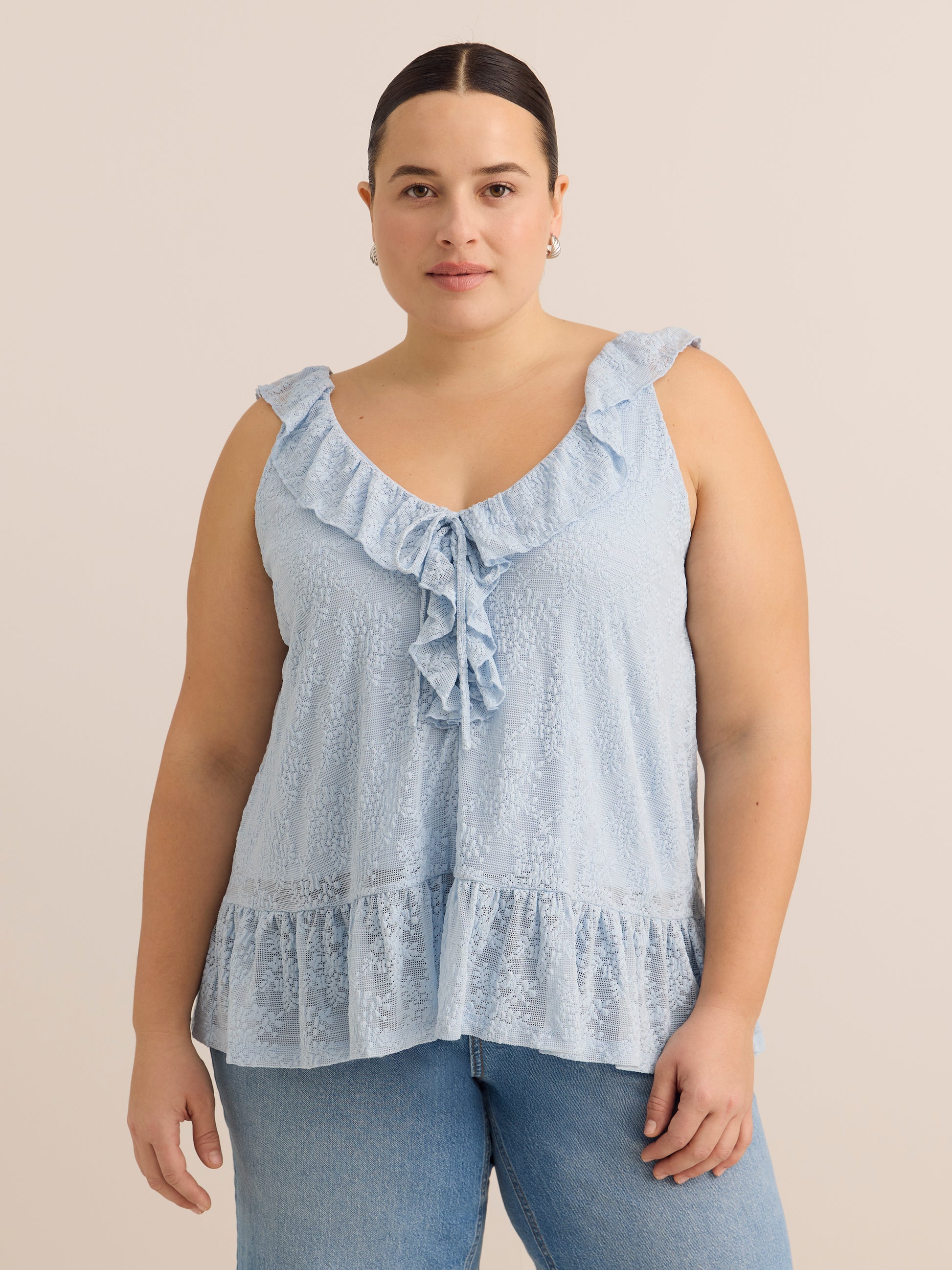 Blue Ruffled Lace Sleeveless Swing Blouse