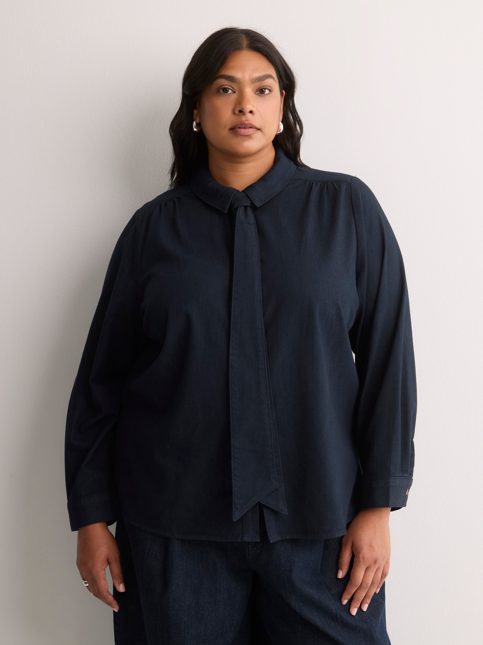 Denim Buttoned Down Shirt with Scarf Collar