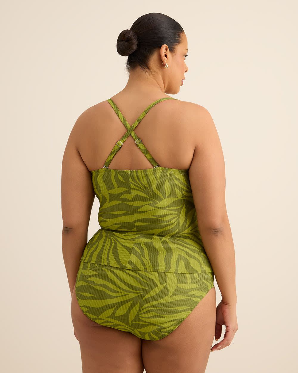 Haut tankini vert froncé style bandeau à motif de feuillage