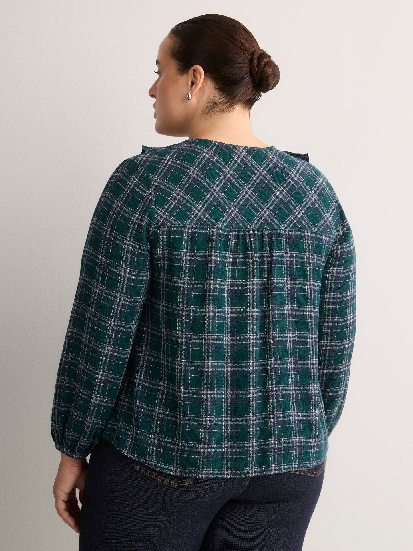 Plaid Ruffled V-Neck Pintuck Swing Blouse