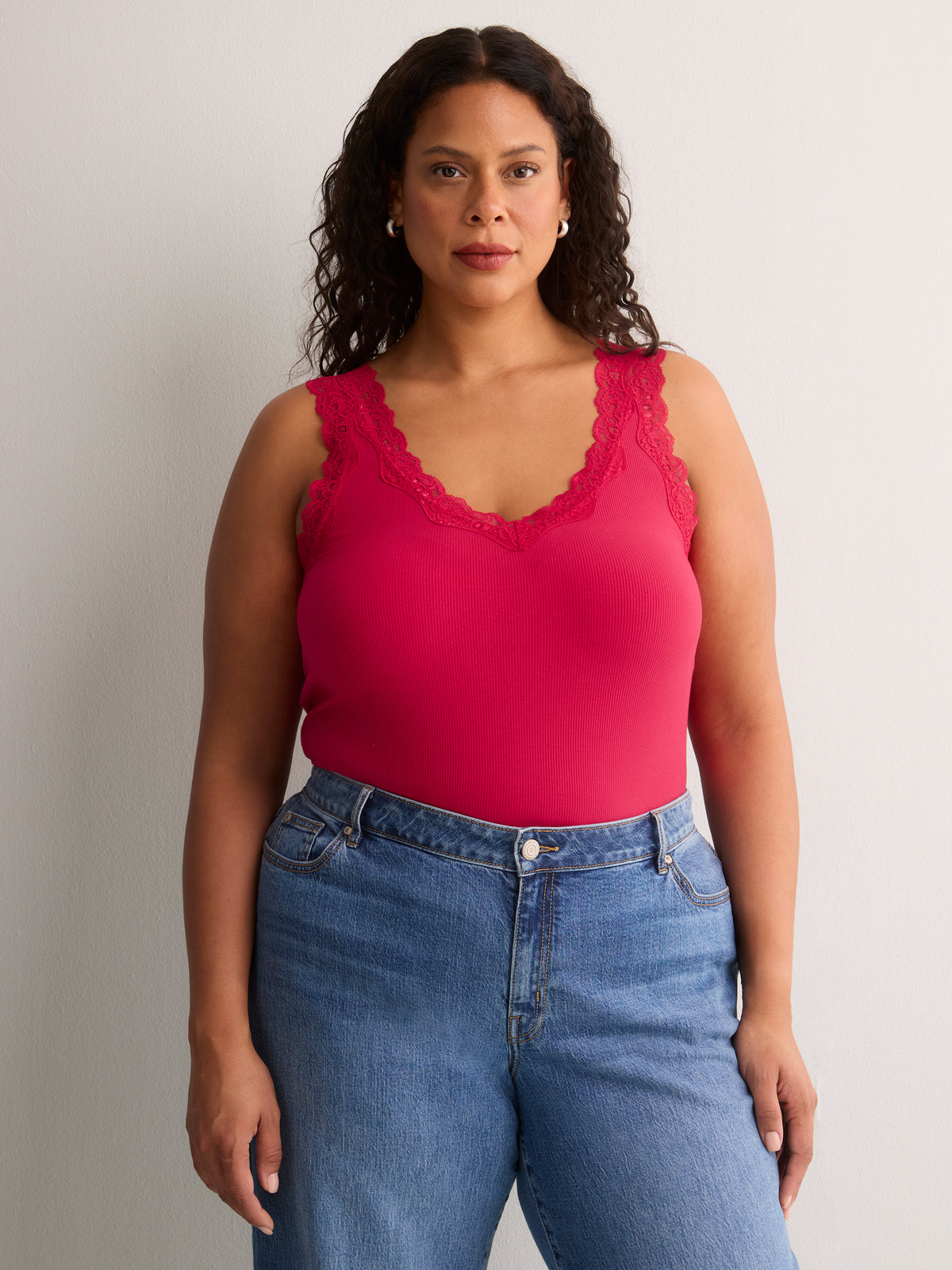 Responsible, Straight V-Neck Ribbed Cami with Lace Trim