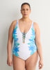 Plunging Lace-Down One-Piece Swim Suit - Bleu by Rod Beattie
