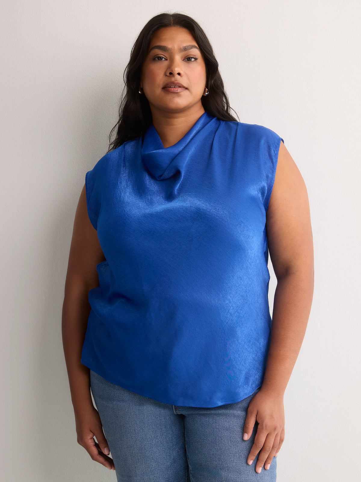 Straight-Fit Draped Cowl-Neck Satin Blouse