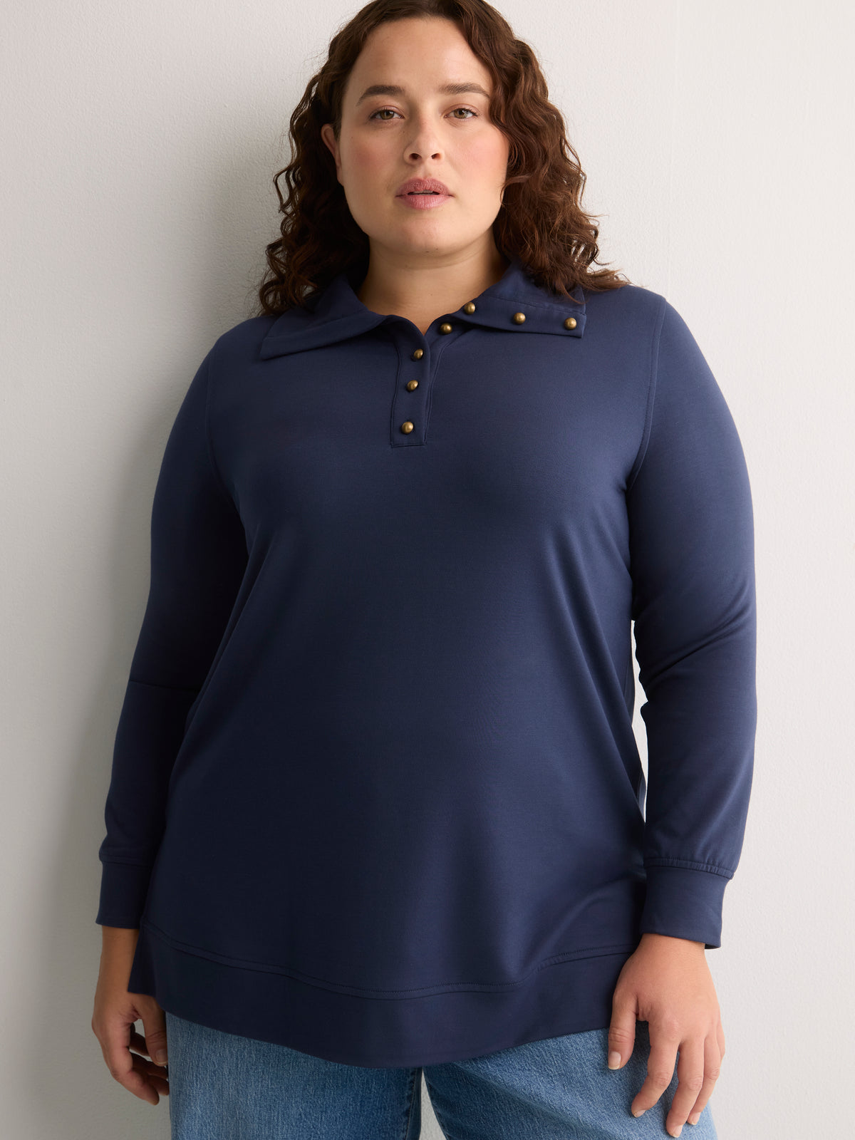 Loose French Terry Tunic Top with Buttoned Johnny Collar