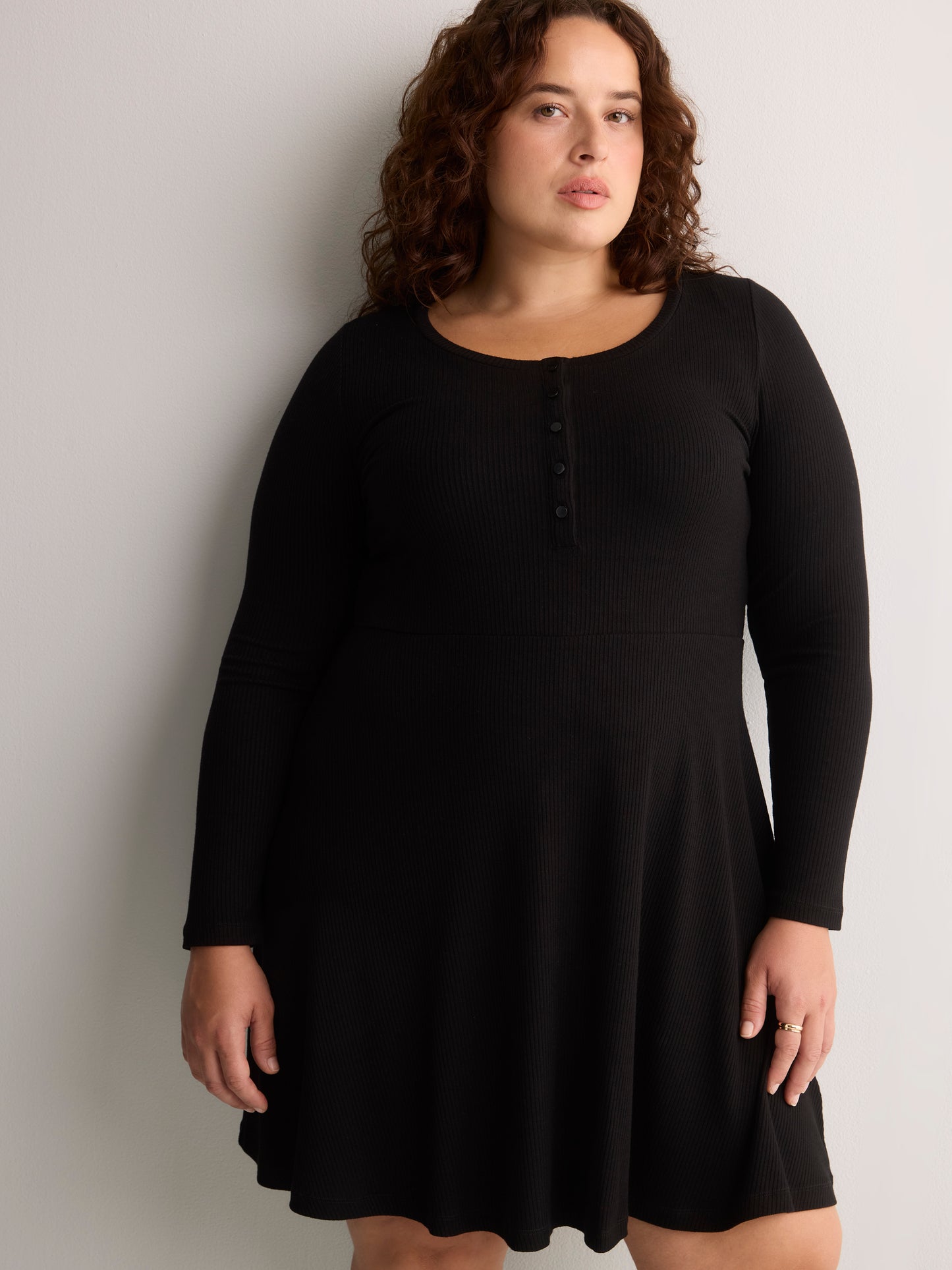 Ribbed Fit-and-Flare Crew-Neck Short Dress