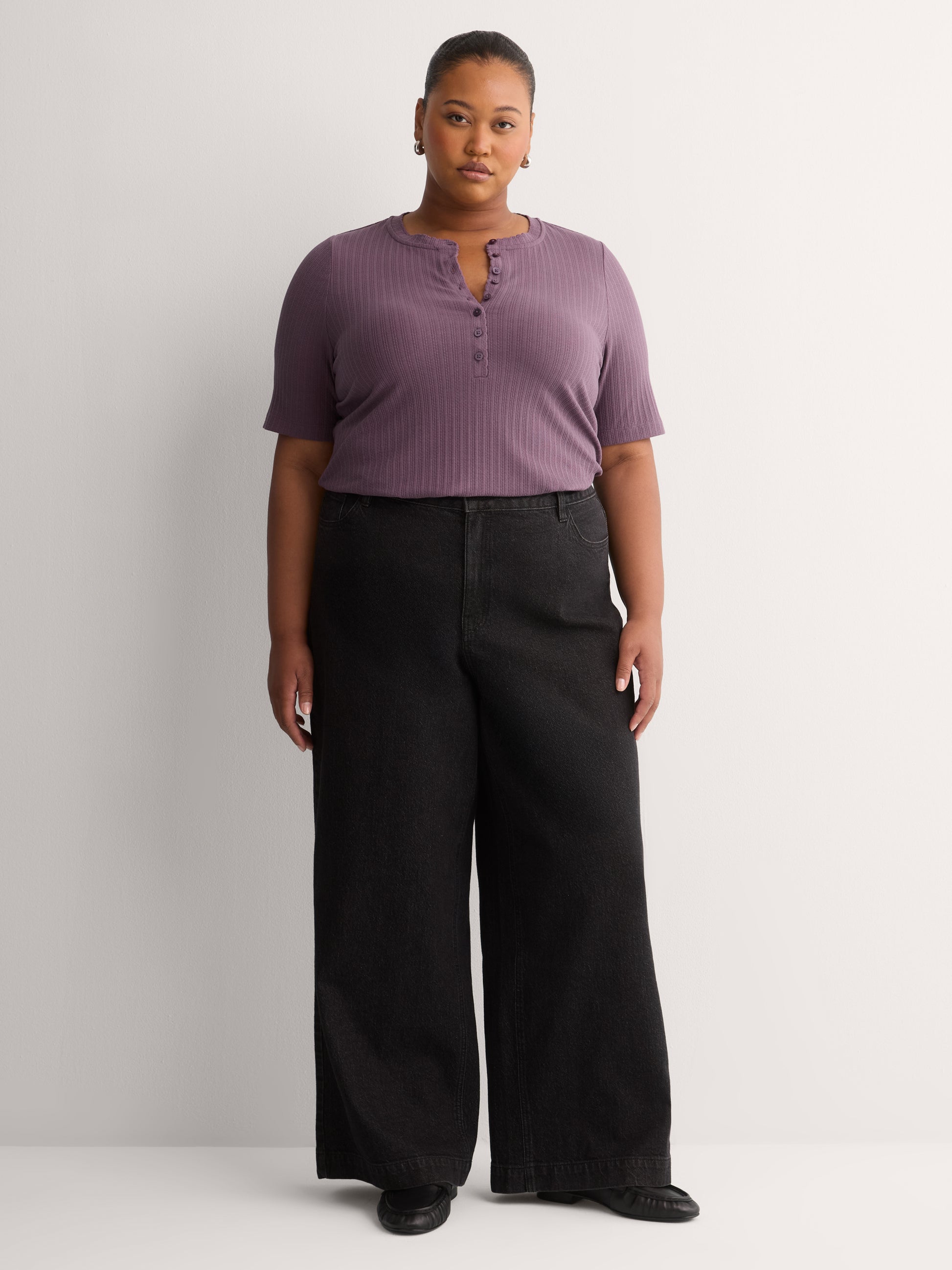 Straight Elbow-Sleeve Plum Pointelle Knit Henley Top