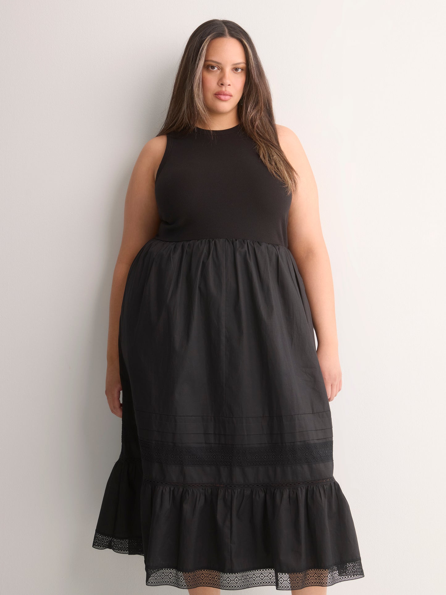 Sleeveless Shirred Tier Midi Dress