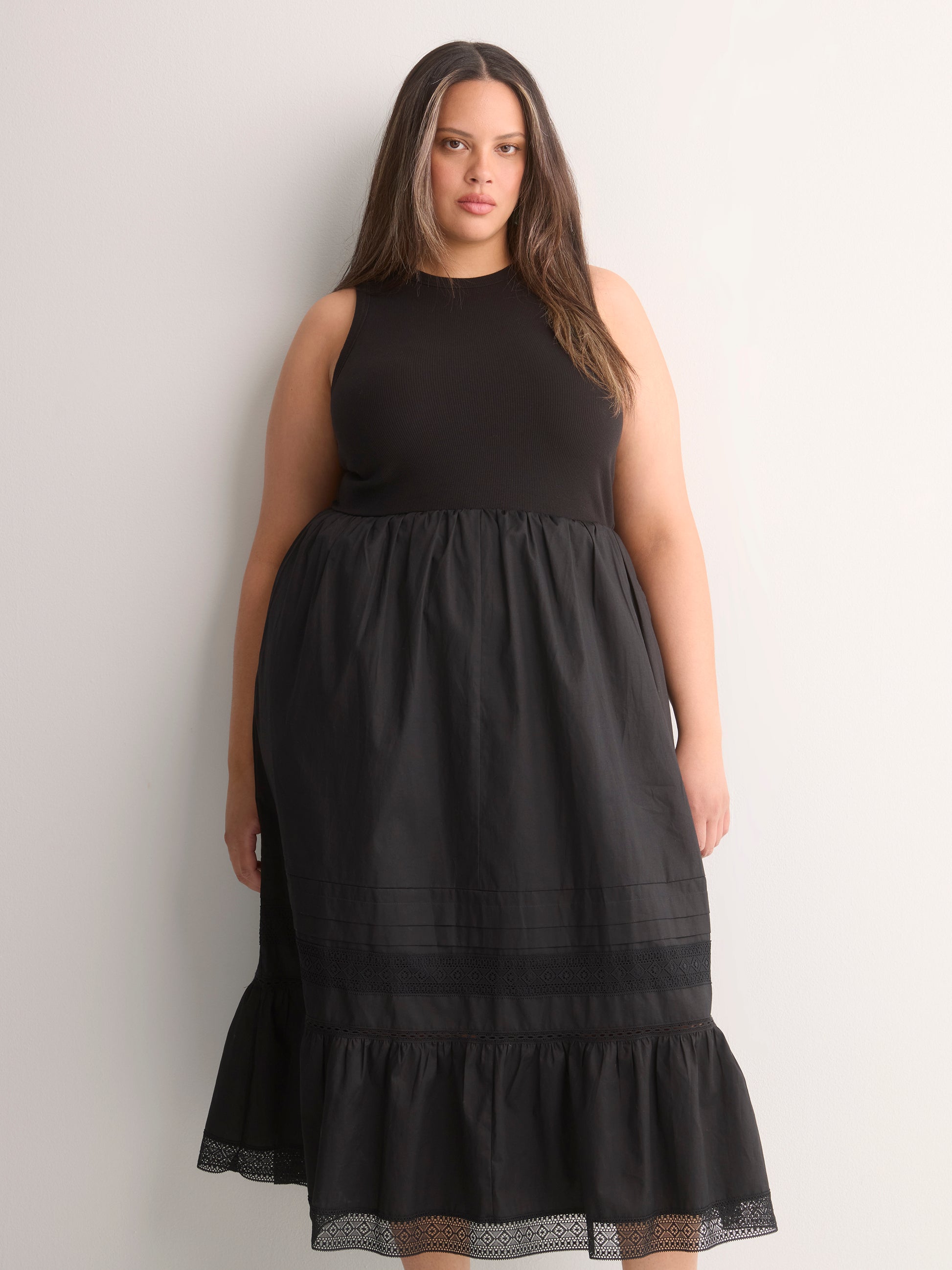 Sleeveless Shirred Tier Midi Dress