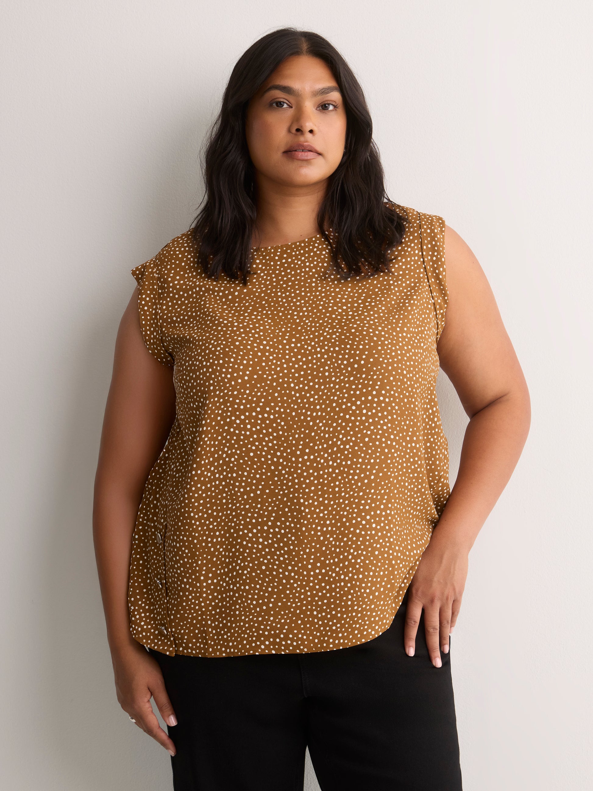 Responsible, Straight Extended-Sleeve Silky Blouse with Decorative Buttons