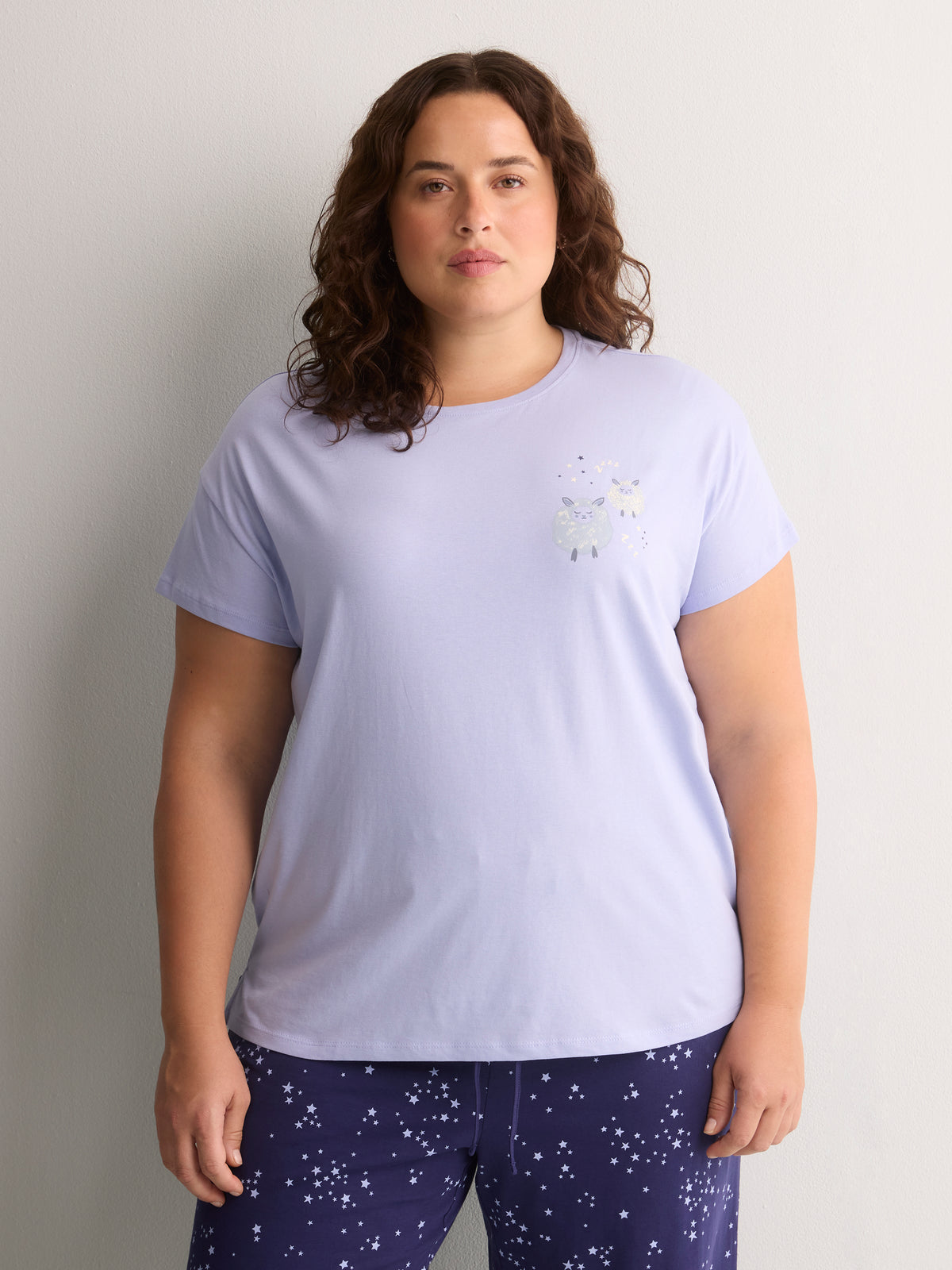 Blue Boxy-Fit Cotton Knit Pyjama Top with Sheep Chest Print - tiVOGLIO