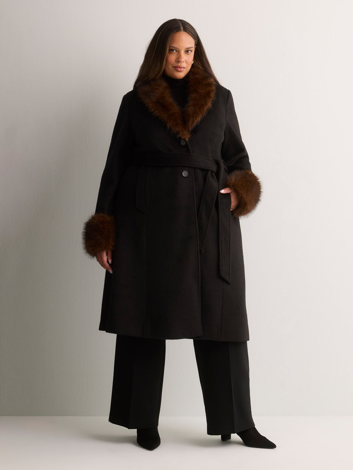 Long Belted Coat with Faux-Fur Collar and Cuffs