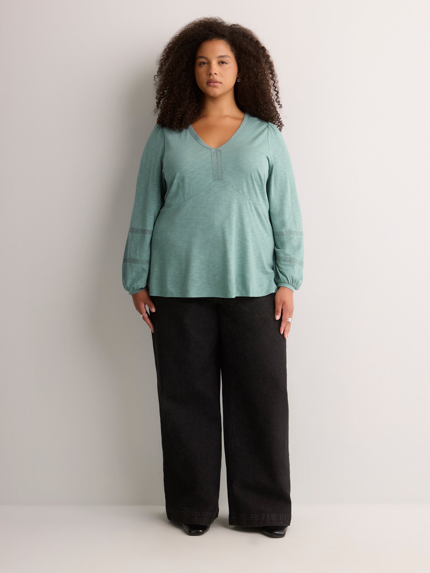 Slight Swing V-Neck Blouse with Crochet Tape
