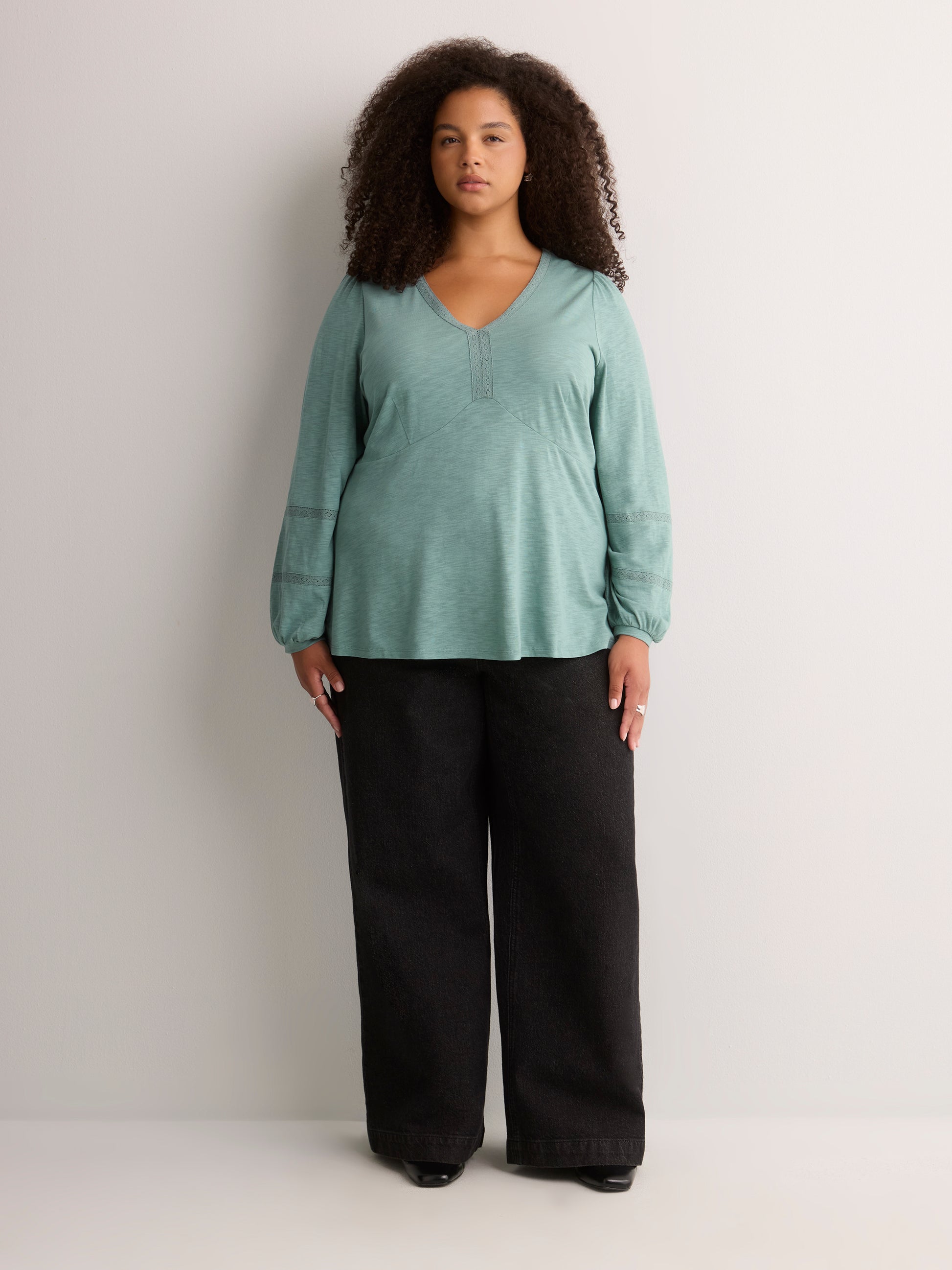 Slight Swing V-Neck Blouse with Crochet Tape
