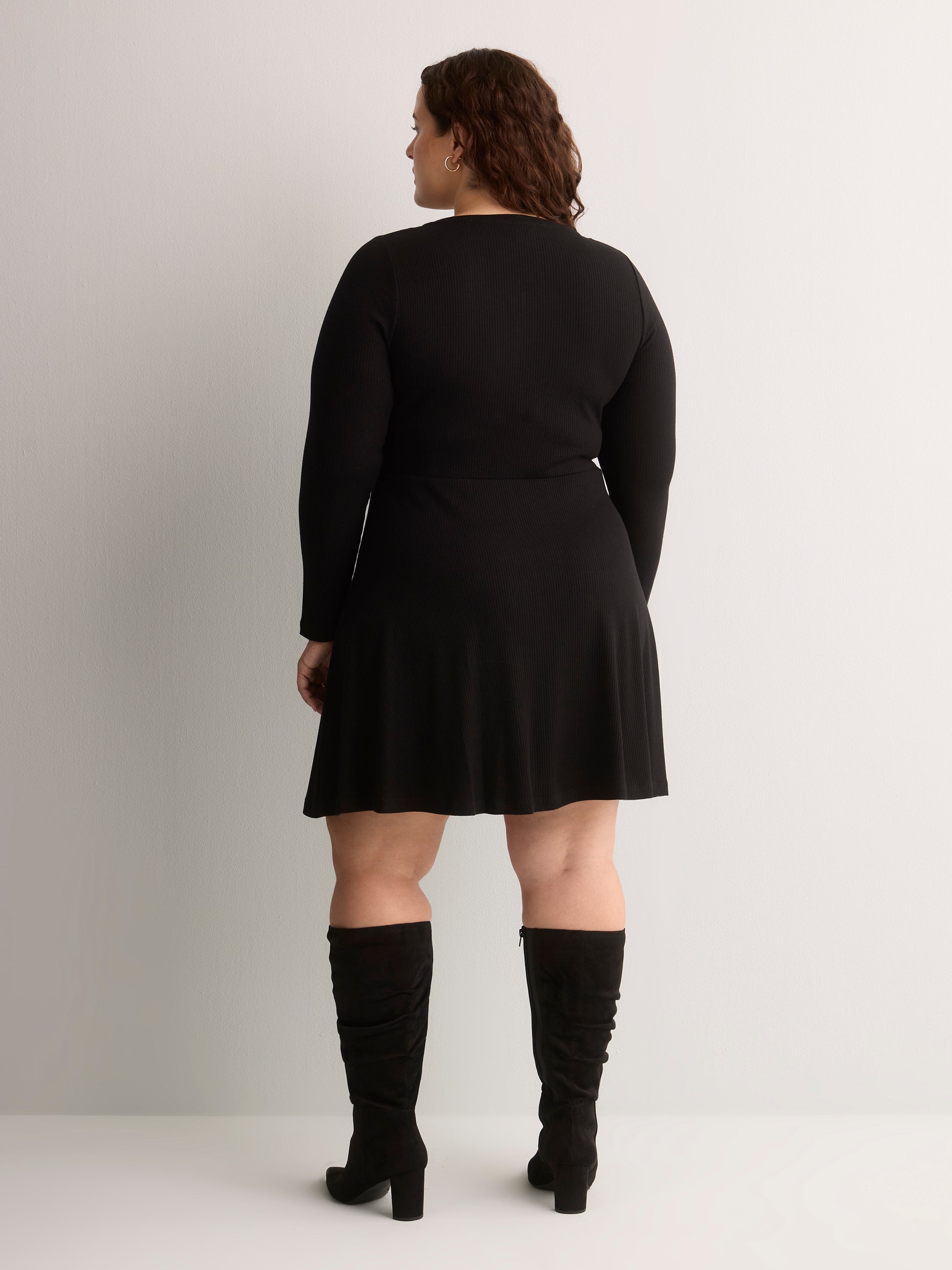 Ribbed Fit-and-Flare Crew-Neck Short Dress