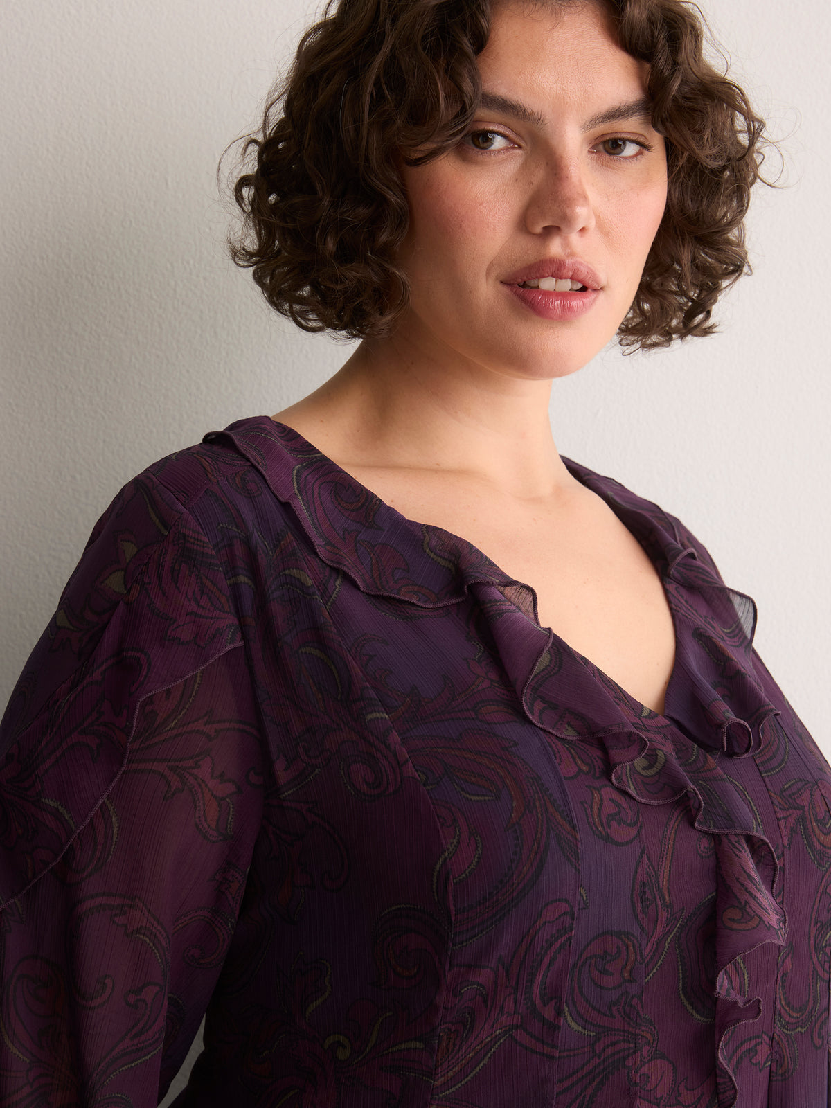 Purple Printed Chiffon Ruffled Swing Dress