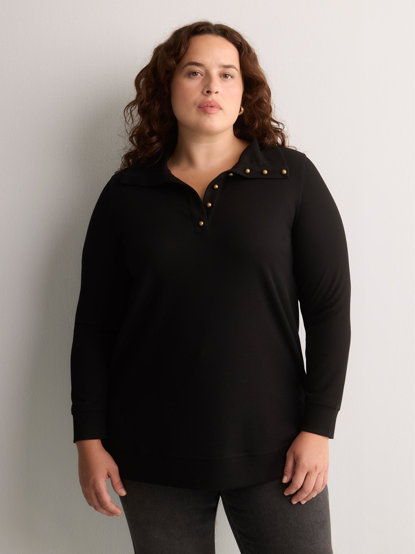 Loose Waffle Knit Tunic with Buttoned Collar