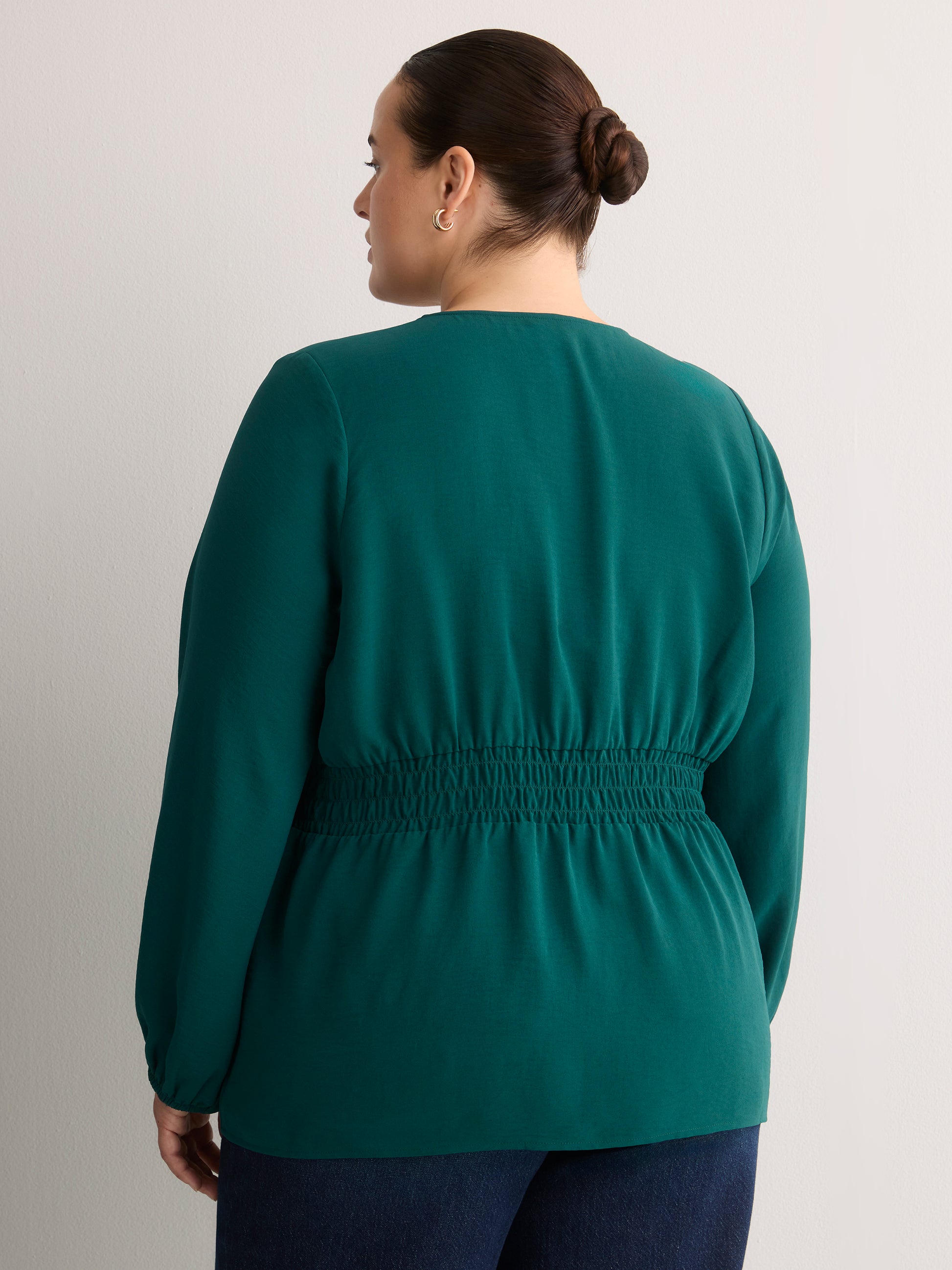 V-Neck Long-Sleeve Elastic-Waist Woven Blouse