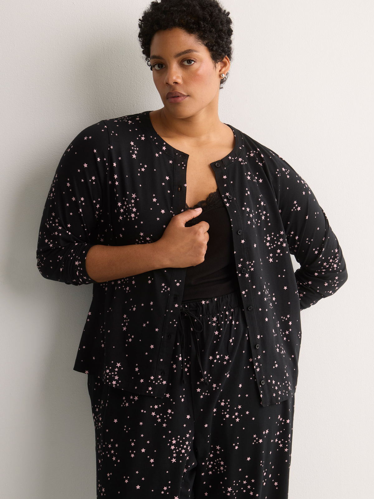 Dark Blue Star-Print Long-Sleeve Pyjama Cardigan - tiVOGLIO