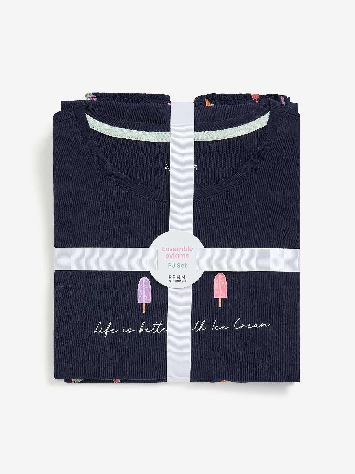 Navy Blue T-Shirt and Boxer Pyjama Set with Ice Cream Print - ti Voglio