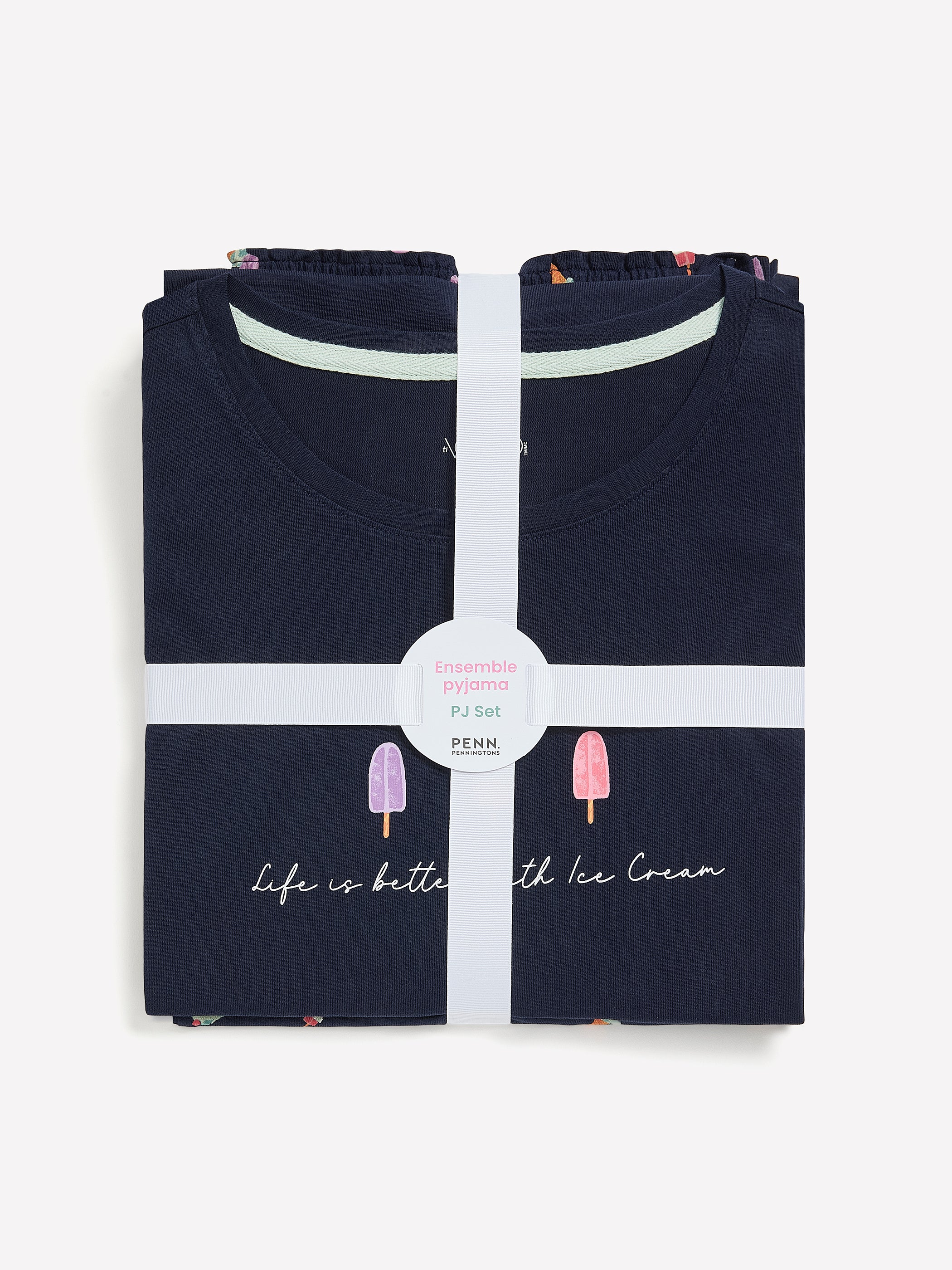 Navy Blue T-Shirt and Boxer Pyjama Set with Ice Cream Print - ti Voglio