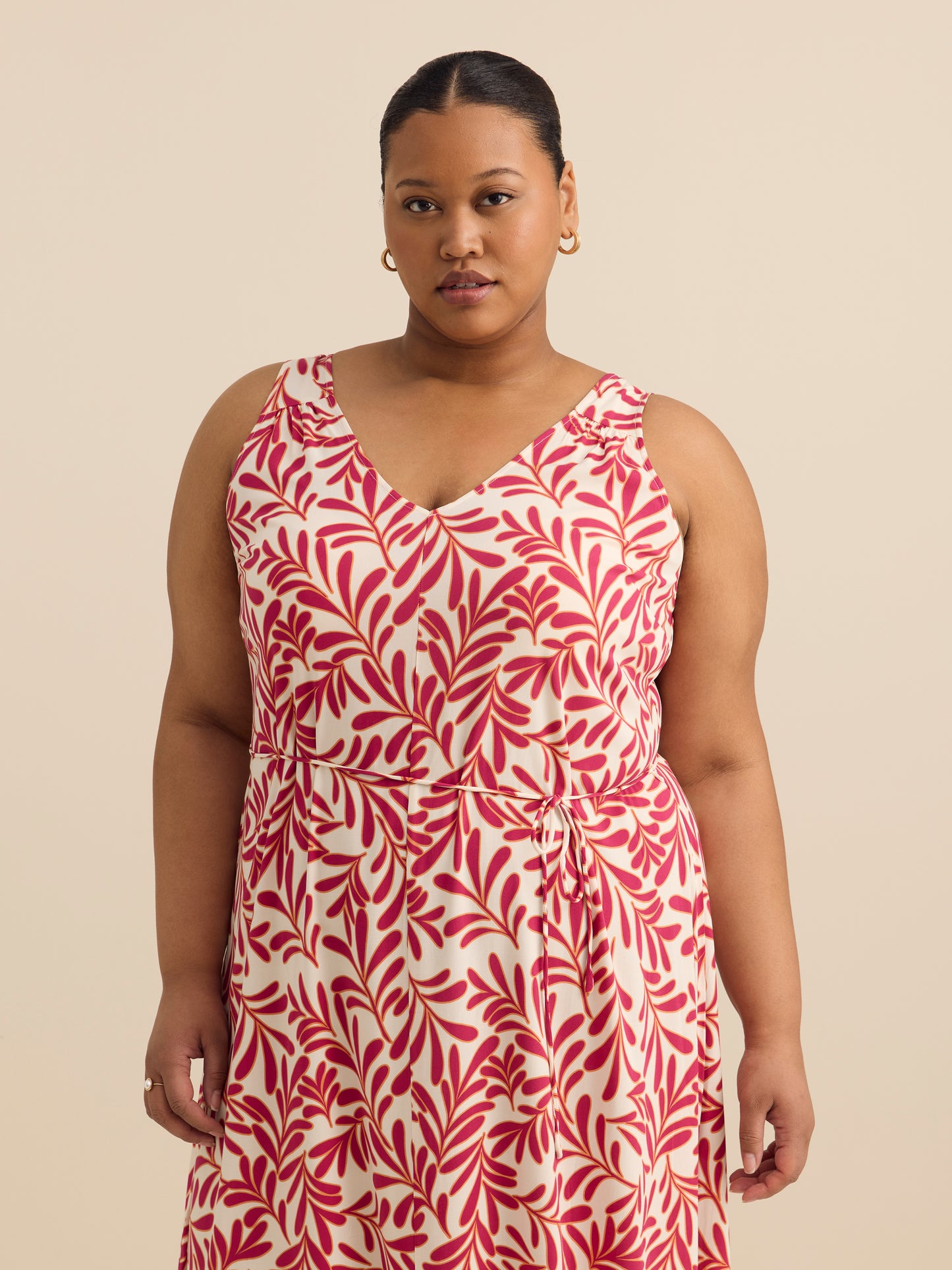 Responsible, V-Neck Sleeveless Tiered Maxi Dress with Tie Belt