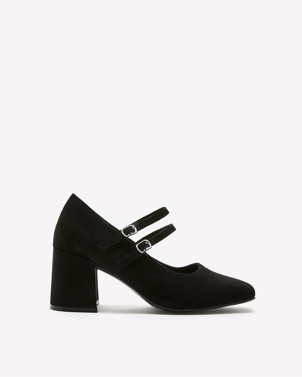 Extra Wide Width, Black Microsuede Double-Strap Block Heel Shoe