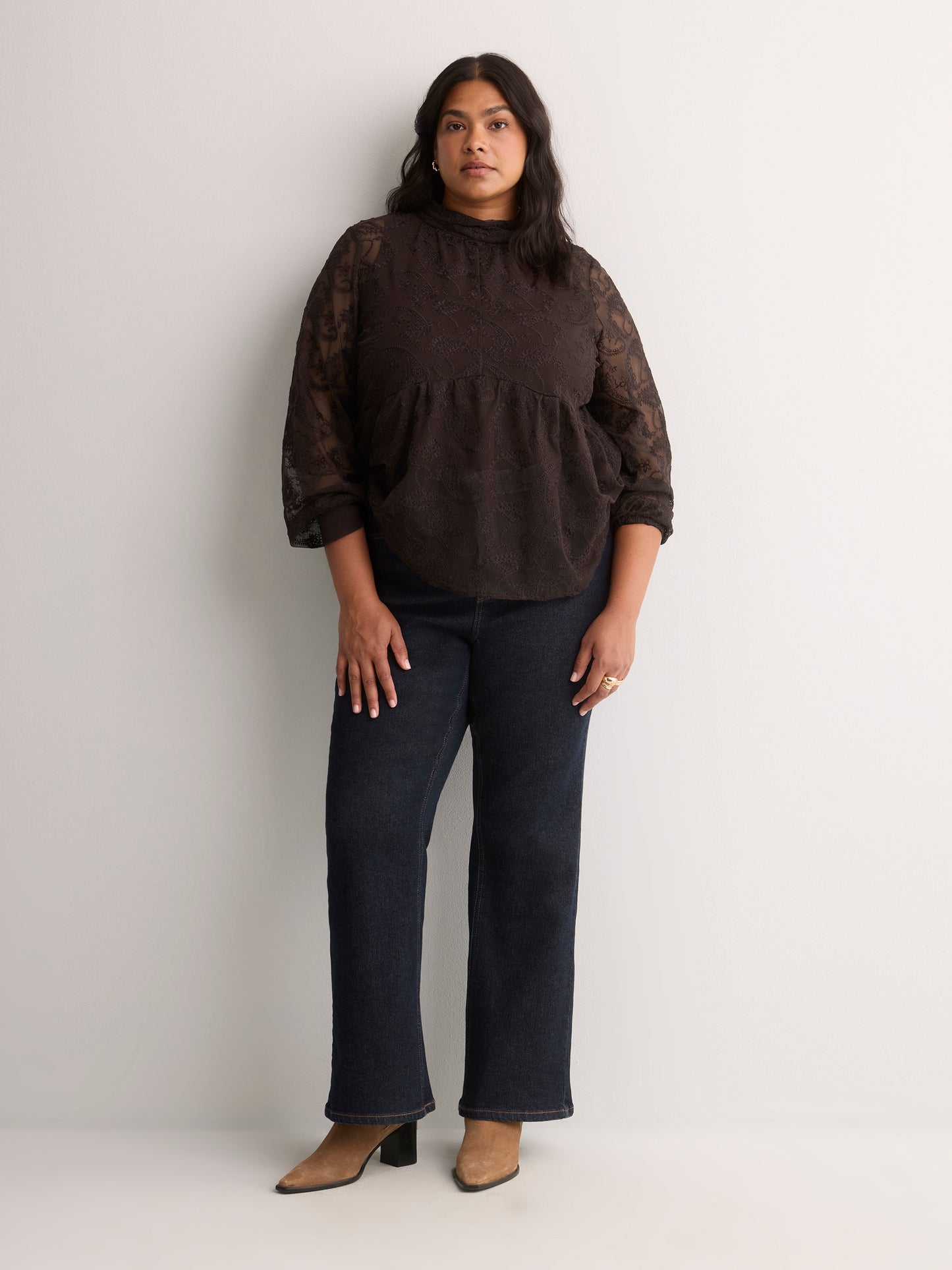 Mock-Neck Long-Sleeve Embroidered Blouse