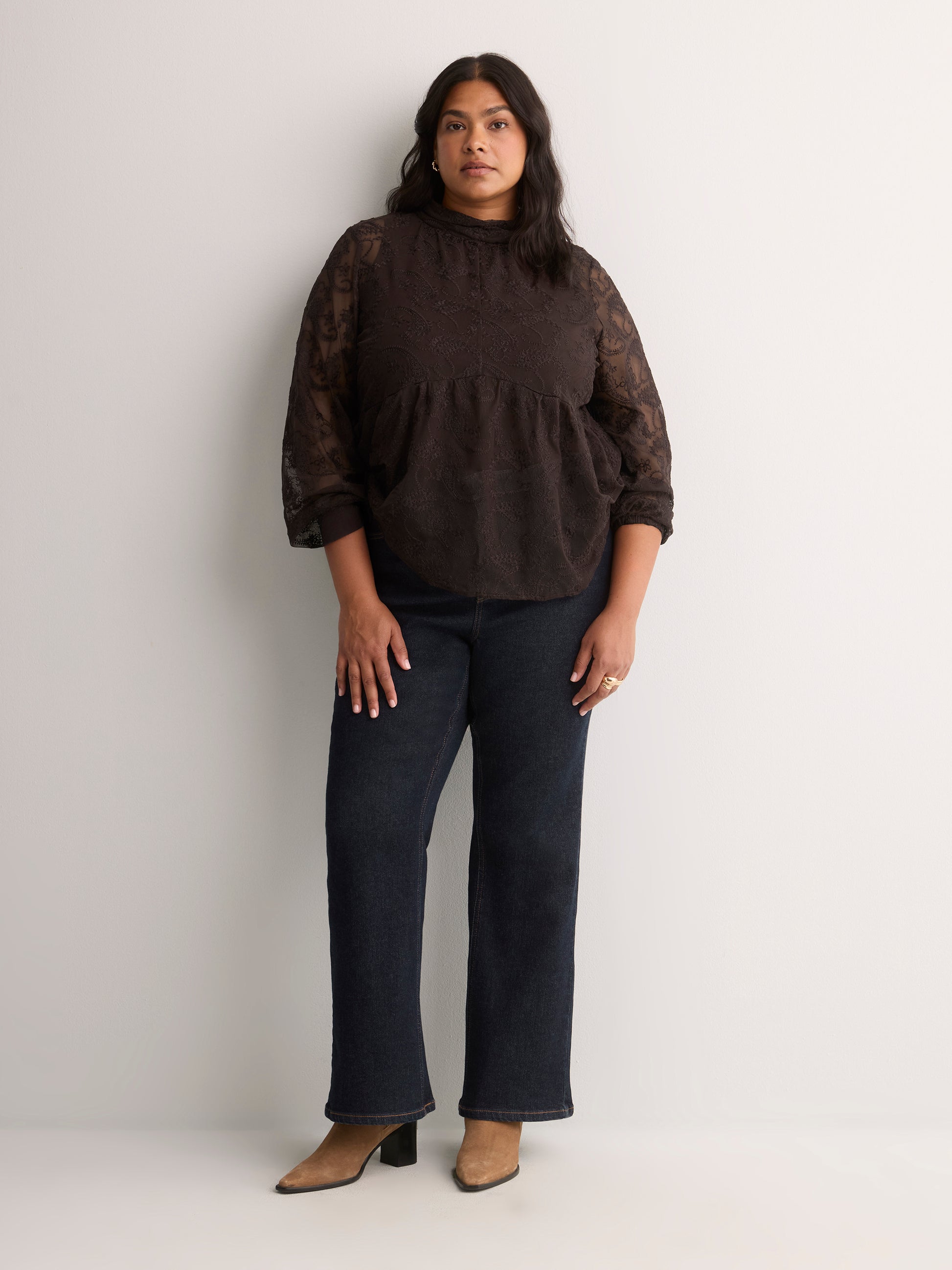 Mock-Neck Long-Sleeve Embroidered Blouse
