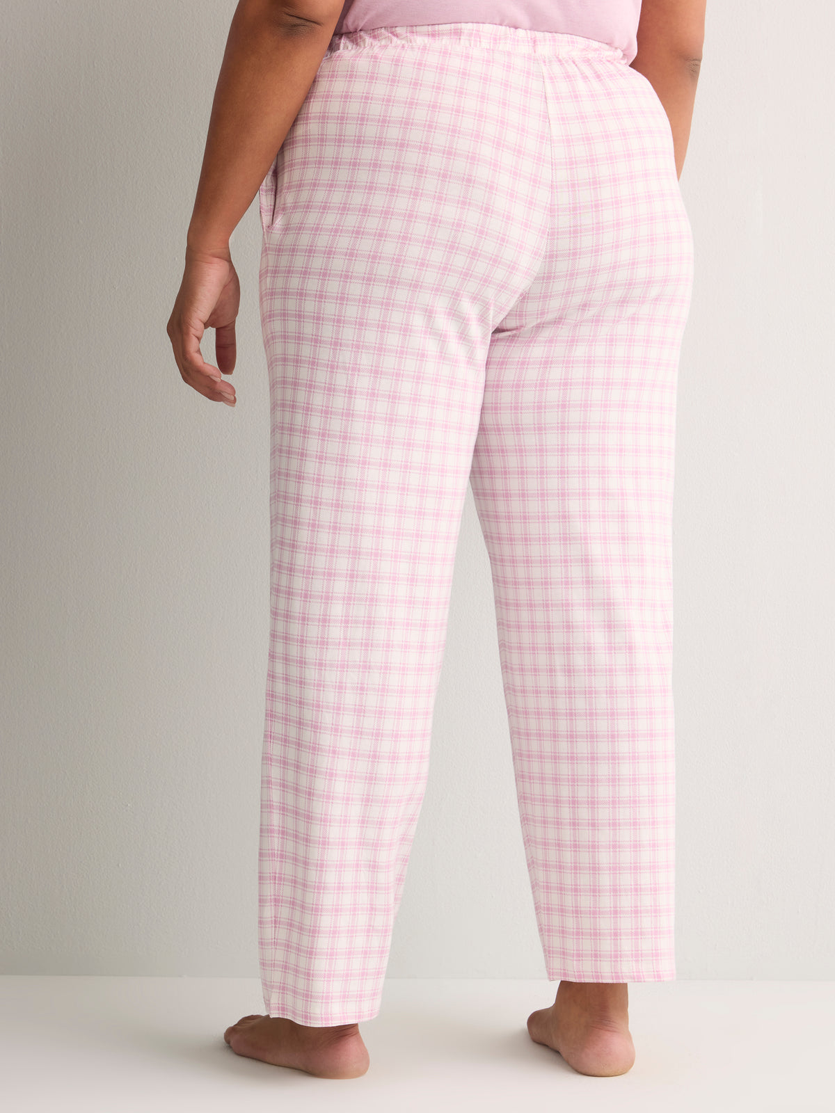 White and Pink Plaid Cotton Knit Wide-Leg Pyjama Pant - tiVOGLIO