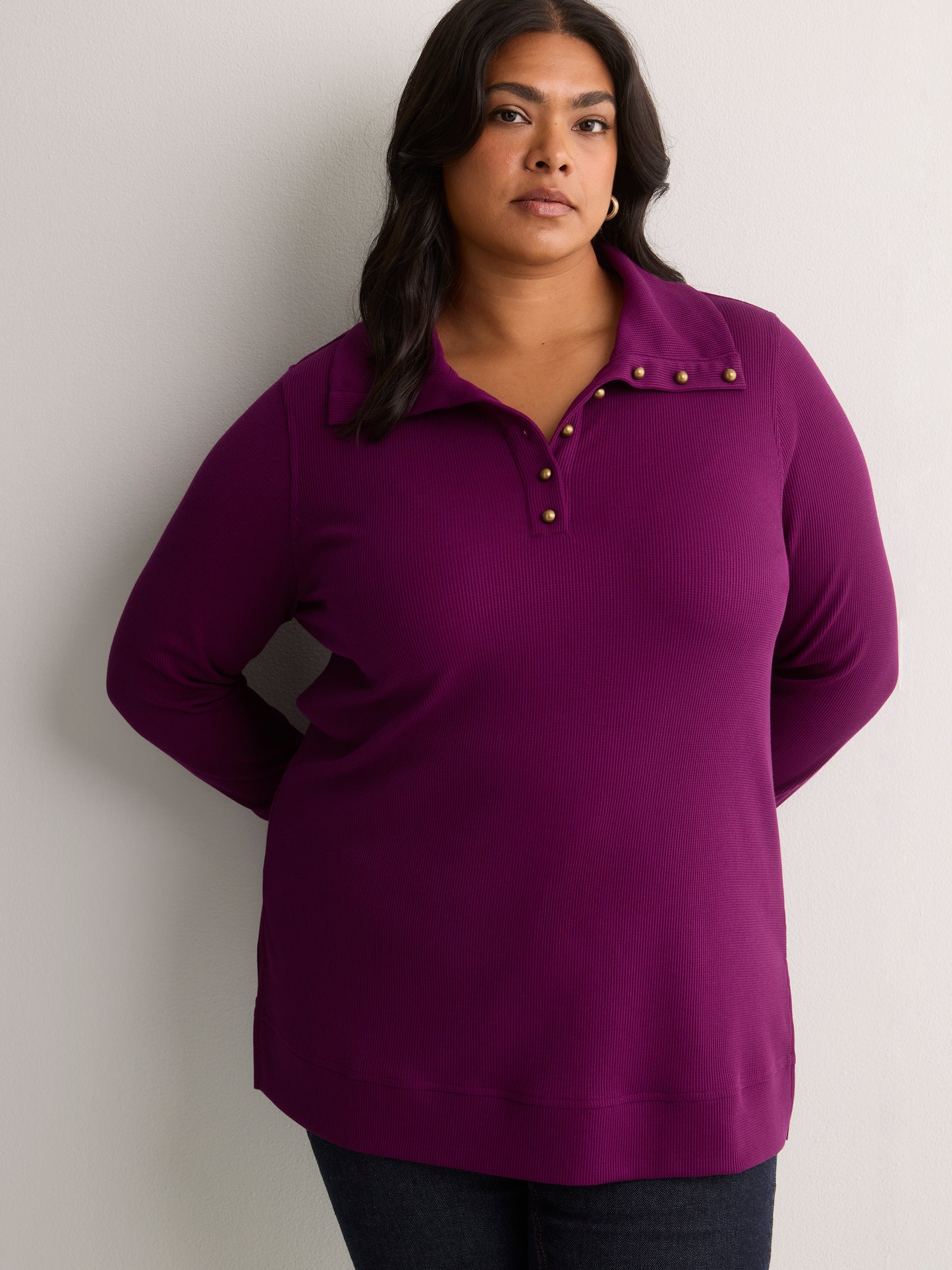 Loose Waffle Knit Tunic with Buttoned Collar