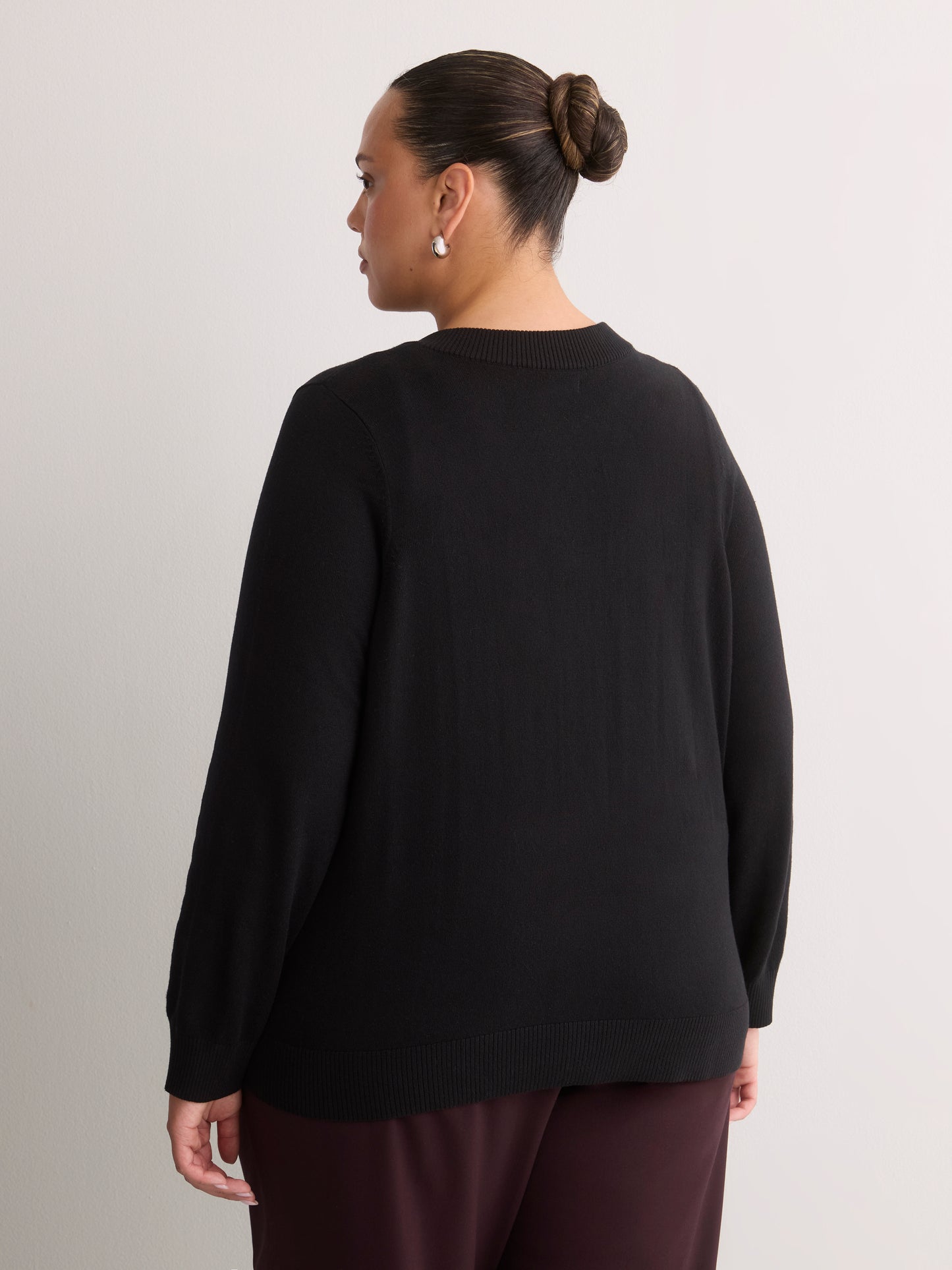 Dark Buttoned-Down Cotton Blend Crew Neck Cardigan