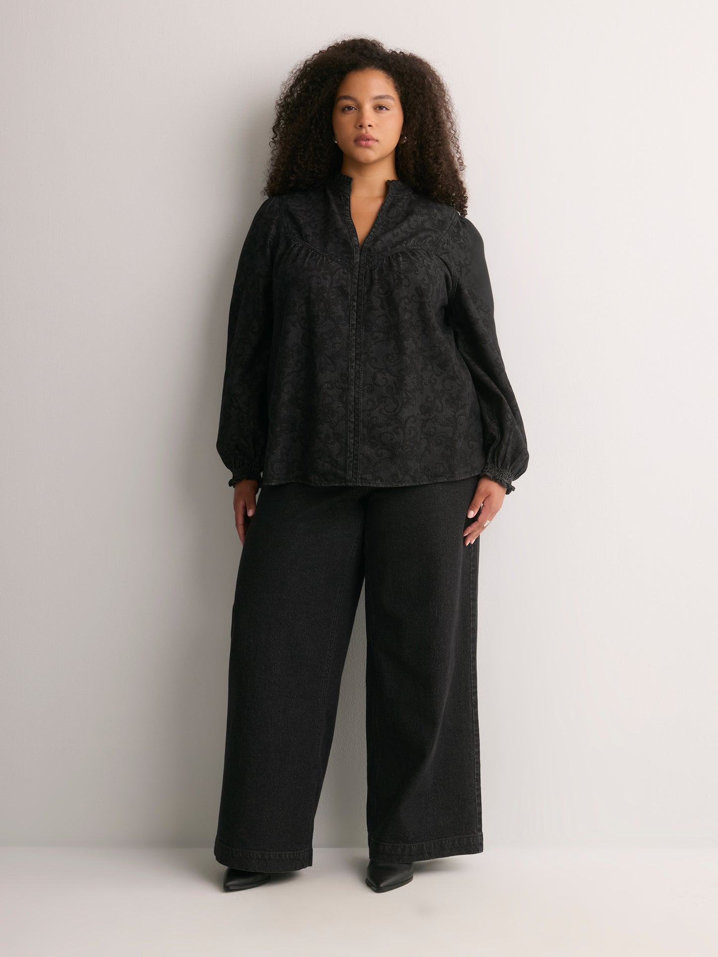 Black A-Line Denim Blouse with Split Ruffled Collar