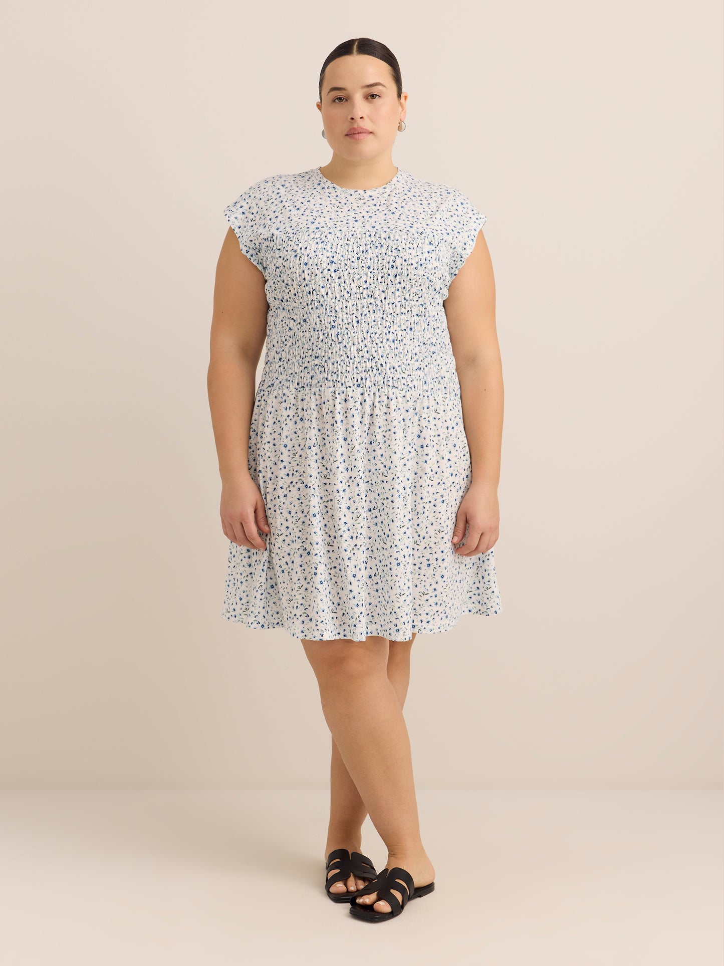 Sleeveless Smocked Crew-Neck Short Dress