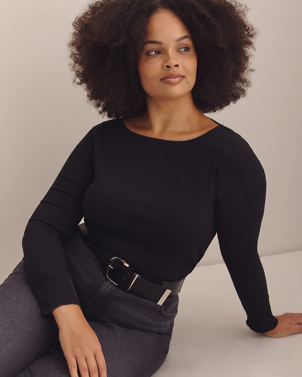 Boat-Neck Knit Top with Lettuce-Edge Sleeves - Addition Elle