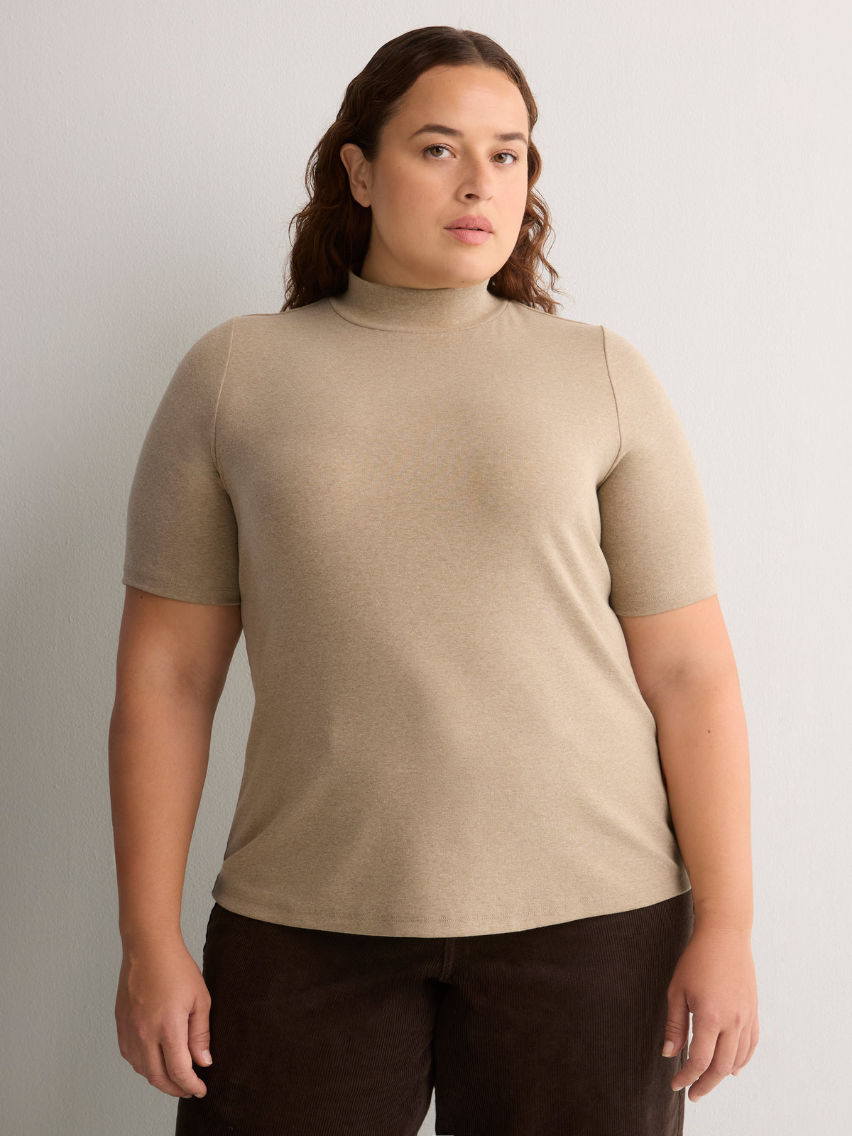 Fitted Mock-Neck Elbow-Sleeve Rib Knit Top