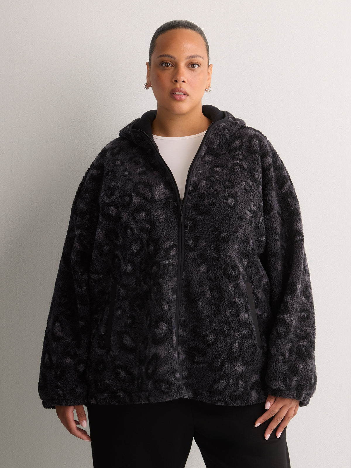 Hooded Printed Sherpa Zippered Jacket - Active Zone