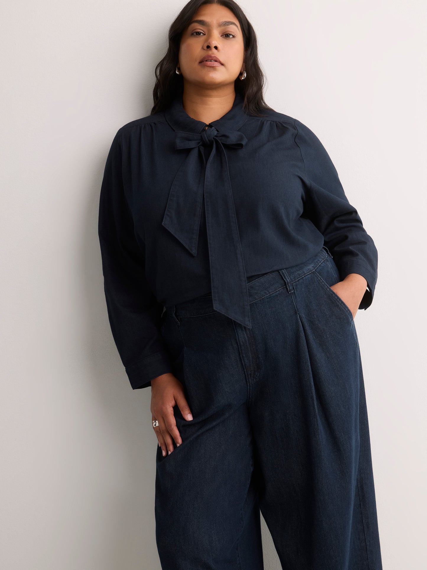 Denim Buttoned Down Shirt with Scarf Collar