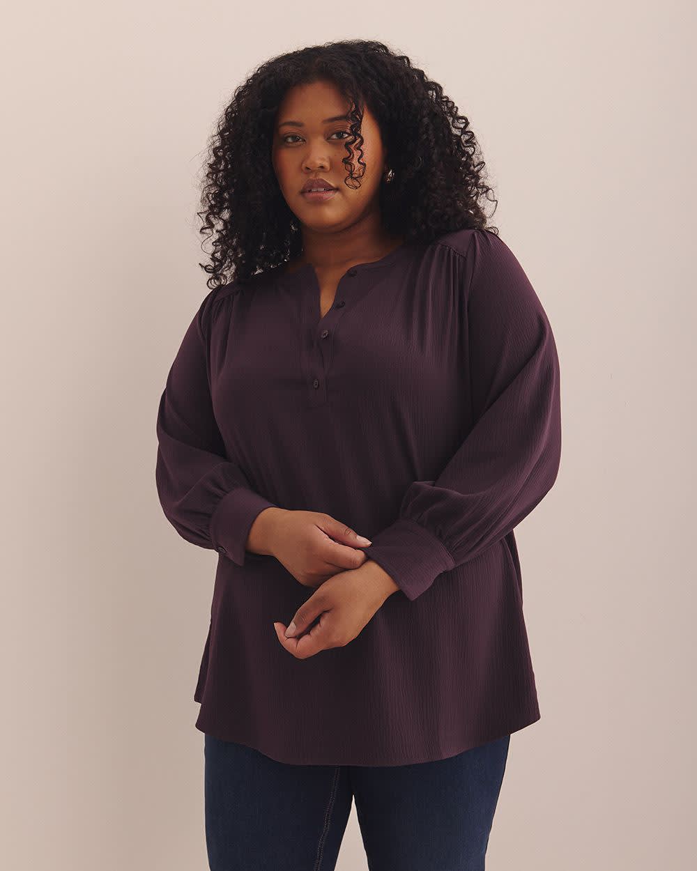 Long-Sleeve Tunic Blouse with Buttoned Crewneck