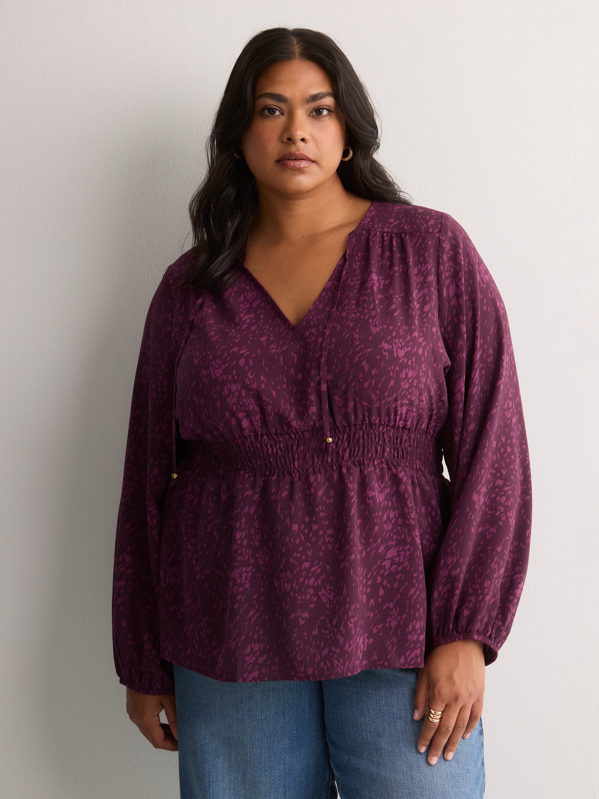 V-Neck Long-Sleeve Elastic-Waist Woven Blouse