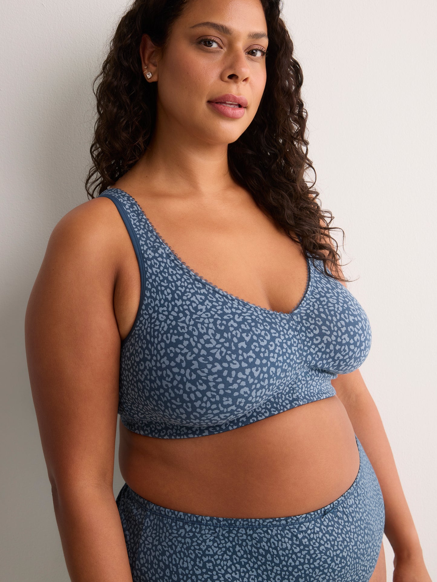 Wireless Blue Leopard Cotton Bra with Lace Trim - tiVOGLIO