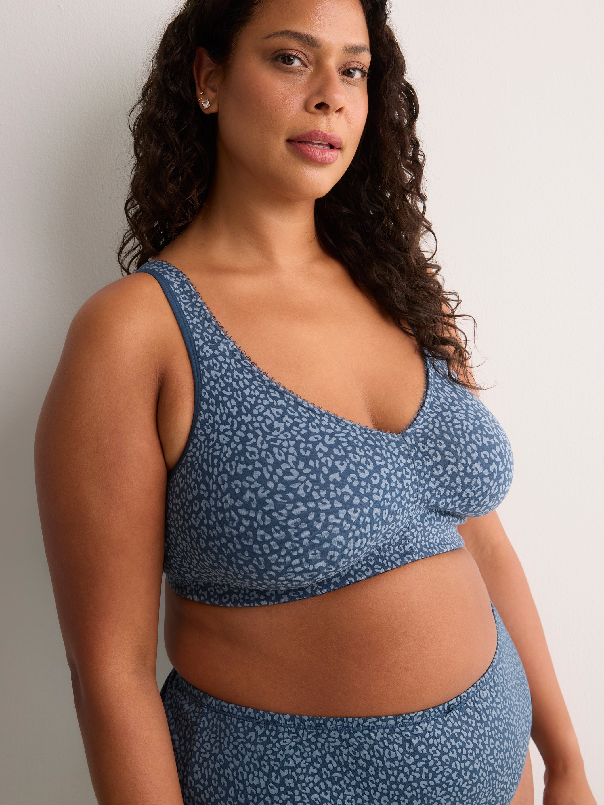 Wireless Blue Leopard Cotton Bra with Lace Trim - tiVOGLIO