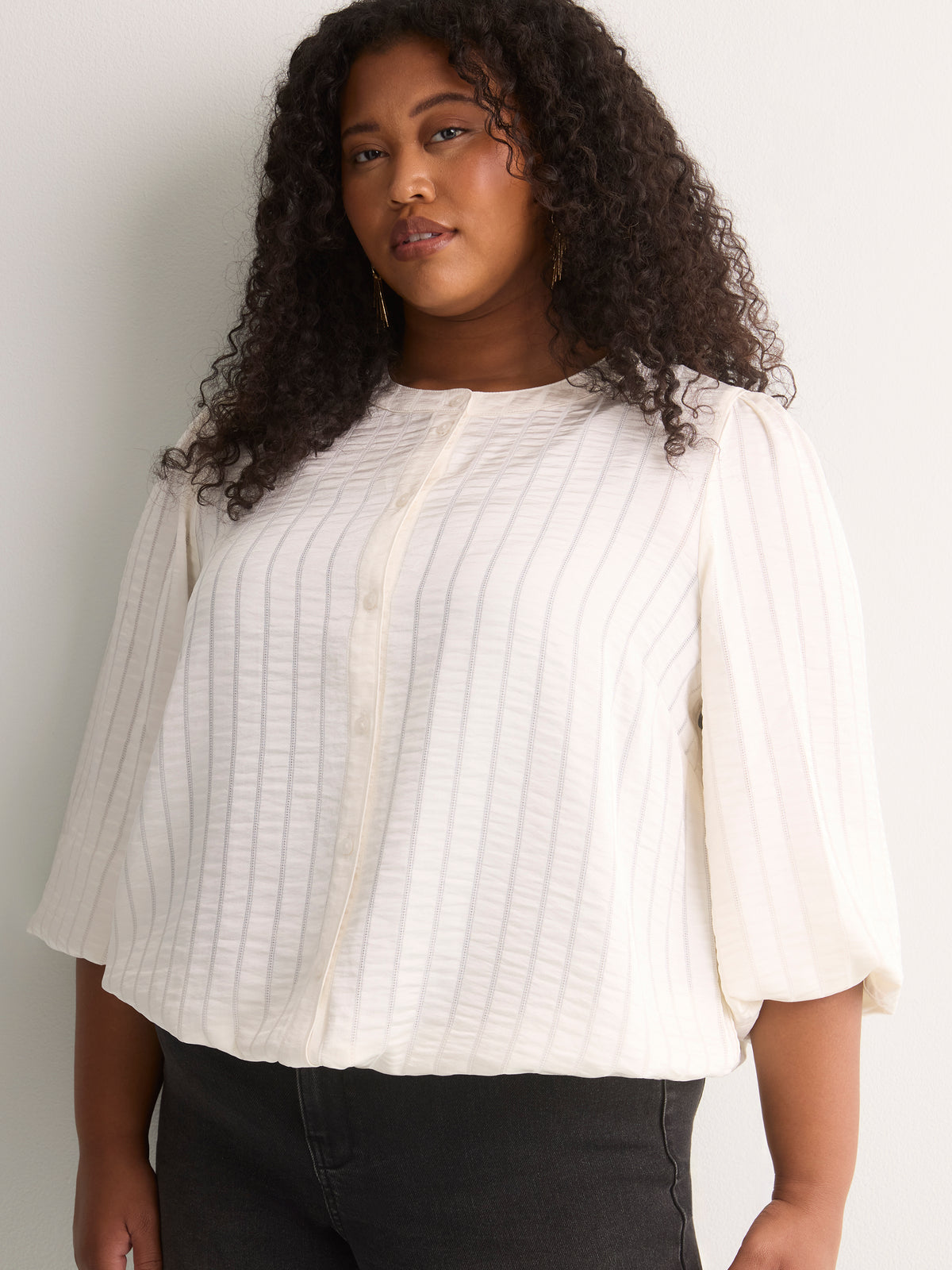 Short Buttoned-Down Elastic-Waist Blouse