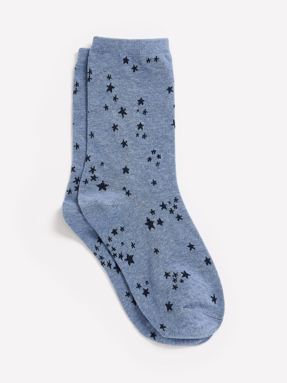 Heather Blue Rolled-Edge Cotton Crew Socks with Star Print